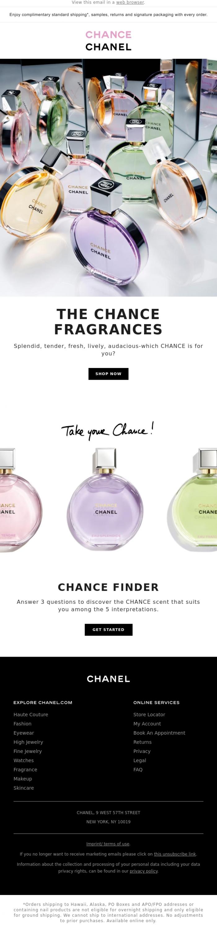Email Design Inspiration from CHANEL, 5 fragrances. 5 ways to take your CHANCE.