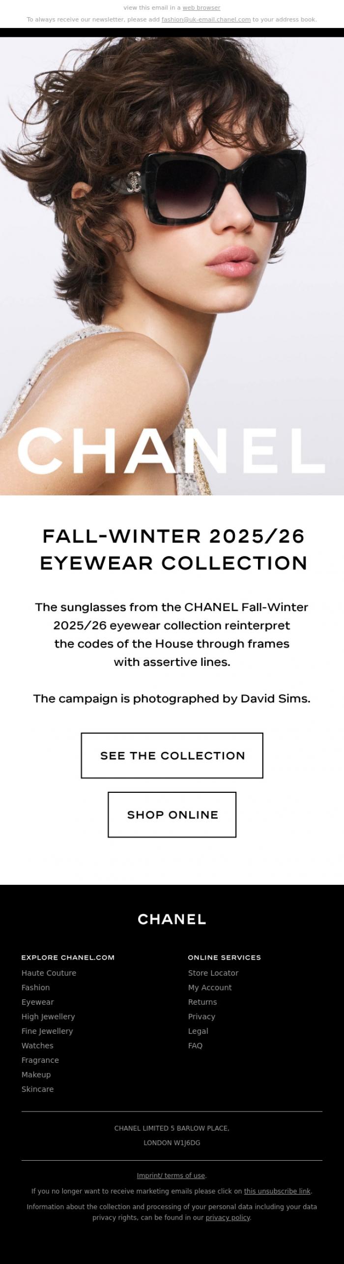 Email Design Inspiration from CHANEL, CHANEL Fall-Winter 2025/26 Eyewear Collection