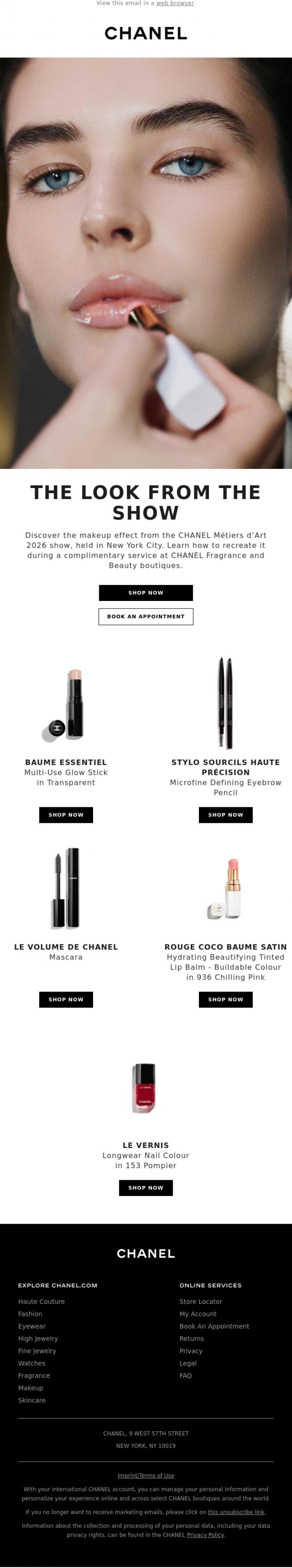 Email Design Inspiration from CHANEL, The makeup look from the CHANEL M&eacute;tiers d'Art 2026 show in New York City