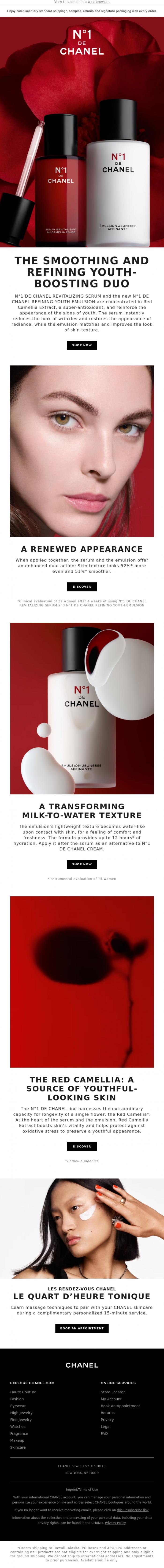 Email Design Inspiration from CHANEL, N&deg;1 DE CHANEL: The serum and the new refining youth emulsion