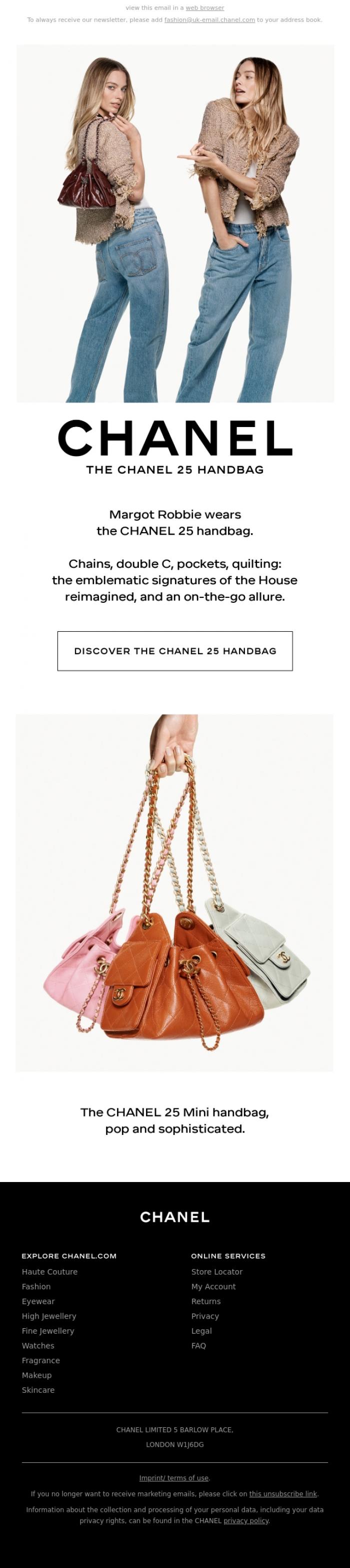 Email Design Inspiration from CHANEL, Margot Robbie for the CHANEL 25 Handbag