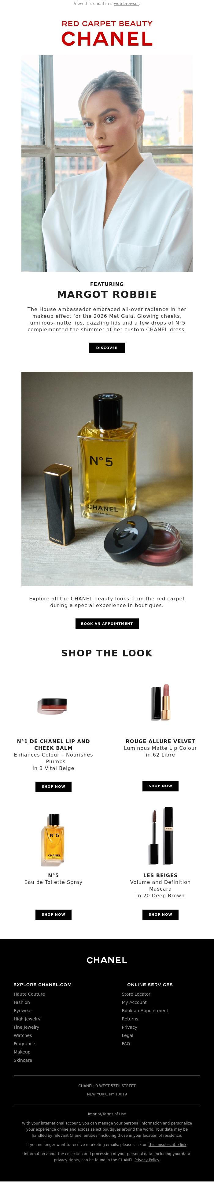 Email Design Inspiration from CHANEL, Margot Robbie's beauty look from the latest red carpet event