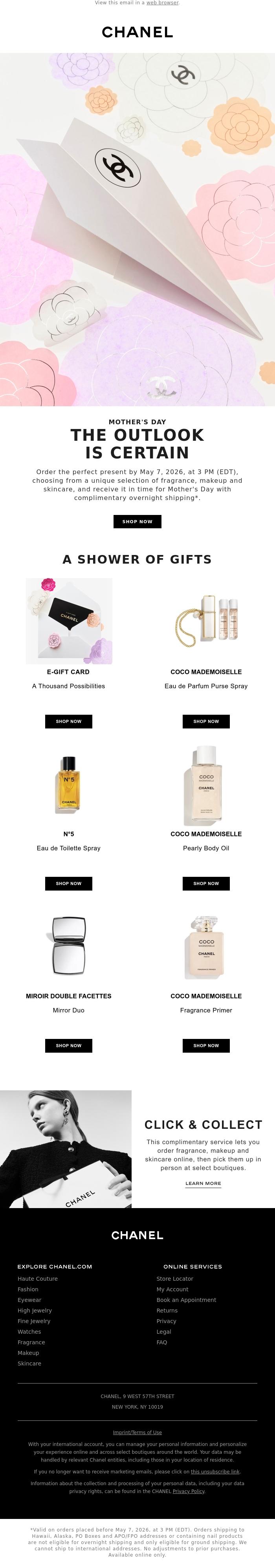 Email Design Inspiration from CHANEL, Starting now: Complimentary overnight shipping