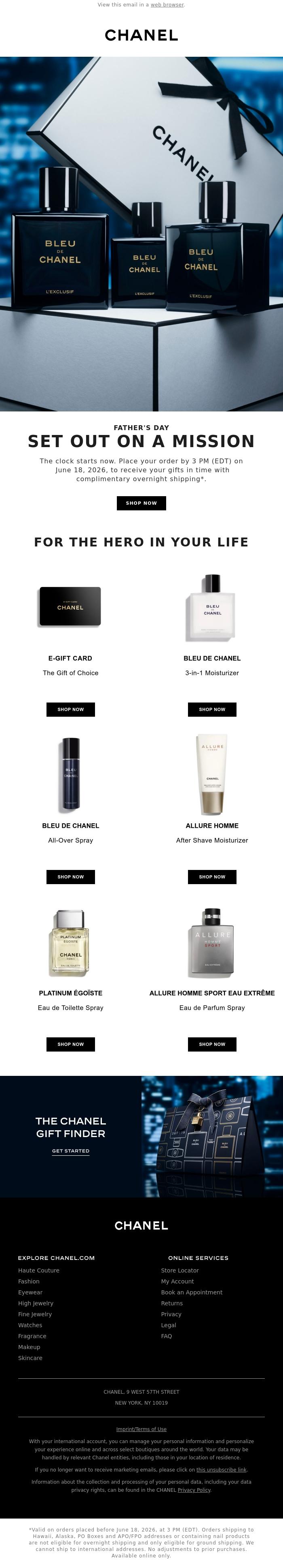 Email Design Inspiration from CHANEL, Receive your gifts in time for Father's Day