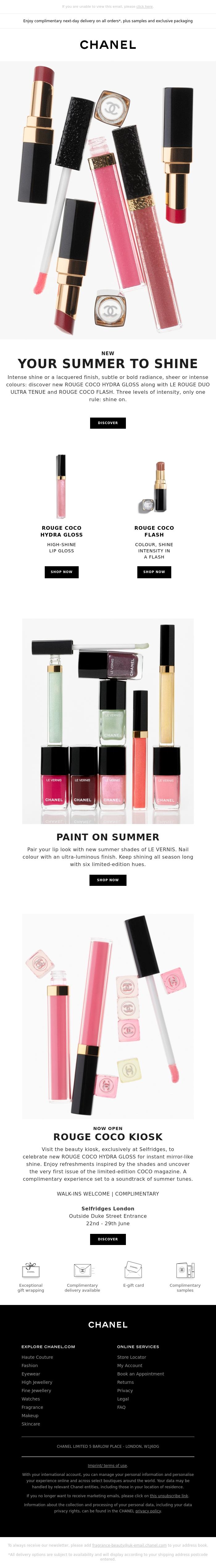Email Design Inspiration from CHANEL, Lip creations that will have you shining all summer long.
