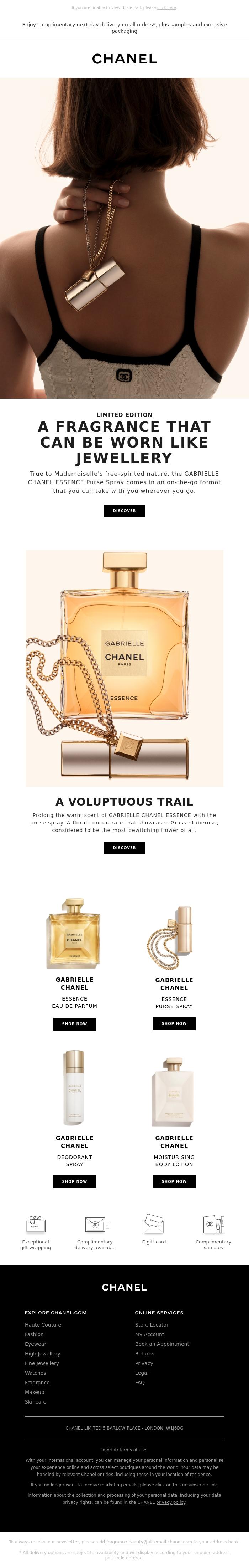 Email Design Inspiration from CHANEL, Limited edition: the GABRIELLE CHANEL ESSENCE Purse Spray
