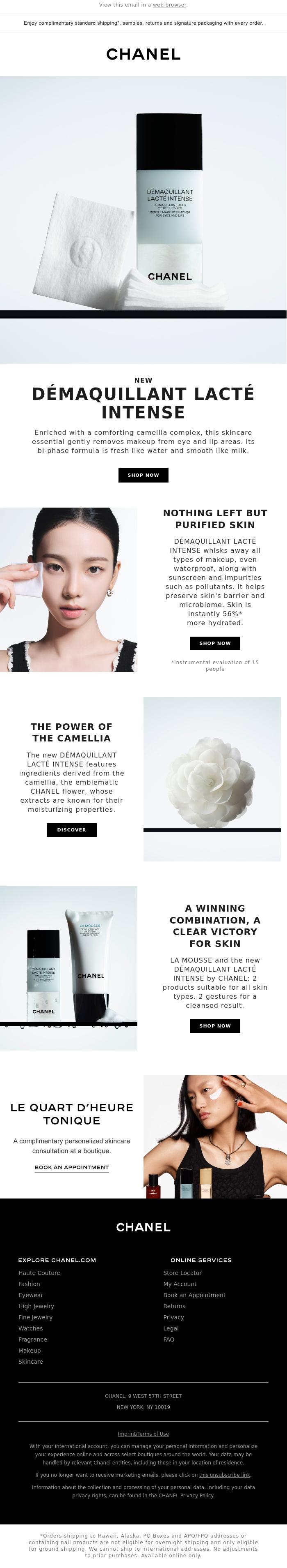 Email Design Inspiration from CHANEL, CHANEL: The new camellia-infused D&Eacute;MAQUILLANT LACT&Eacute; INTENSE