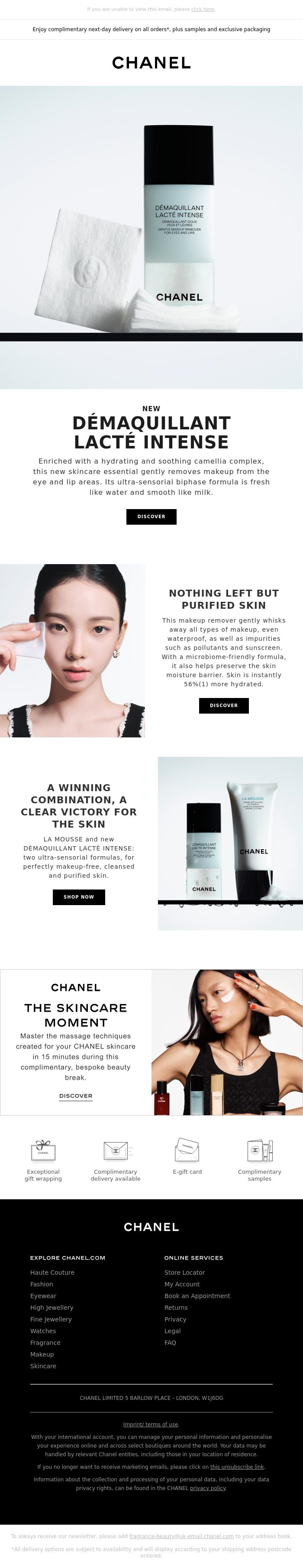 Email Design Inspiration from CHANEL, Discover the new, camellia-infused D&Eacute;MAQUILLANT LACT&Eacute; INTENSE.