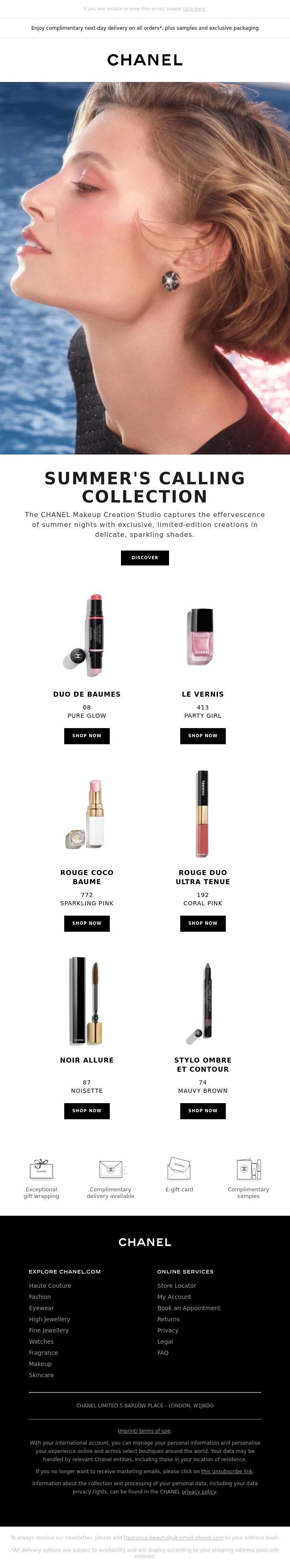 Email Design Inspiration from CHANEL, Limited edition. SUMMER'S CALLING COLLECTION
