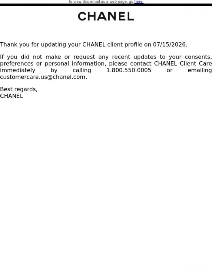 Email Design Inspiration from CHANEL Client Notifications, Your CHANEL Client Profile Has Been Updated