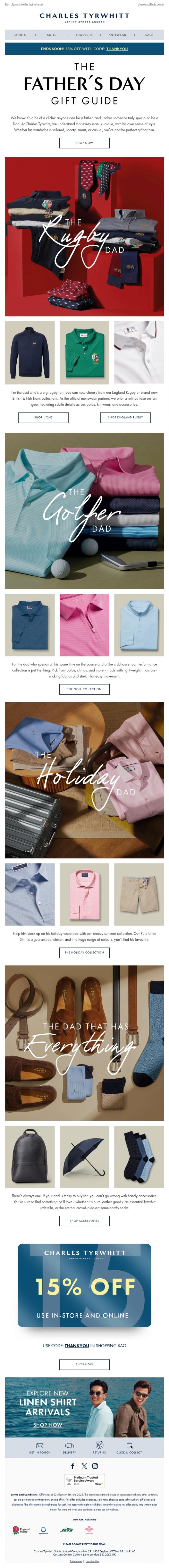 Email Design Inspiration from Charles Tyrwhitt, Treat Dad This Father's Day with 15% Off