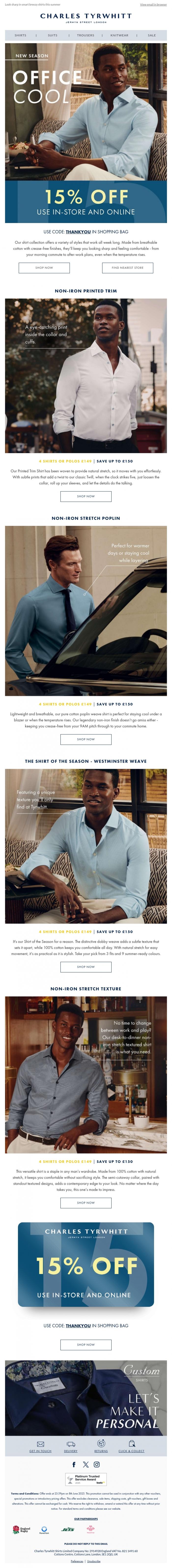 Email Design Inspiration from Charles Tyrwhitt, Summer-Ready Shirts | 15% OFF ends Sunday
