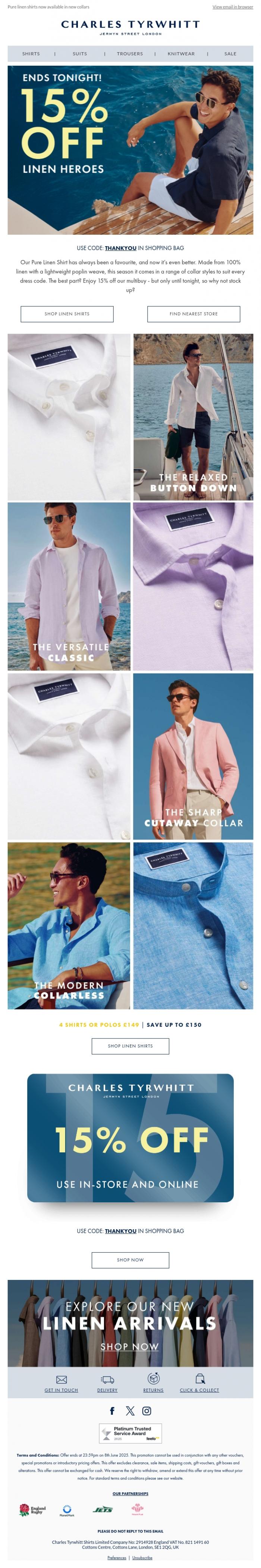 Email Design Inspiration from Charles Tyrwhitt, Bestselling Linen | 15% OFF Ends Tonight