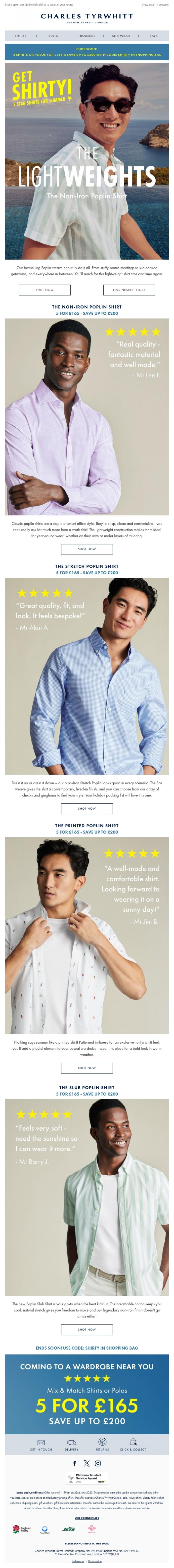 Email Design Inspiration from Charles Tyrwhitt, Summer Shirt Essentials - 5 for &pound;165