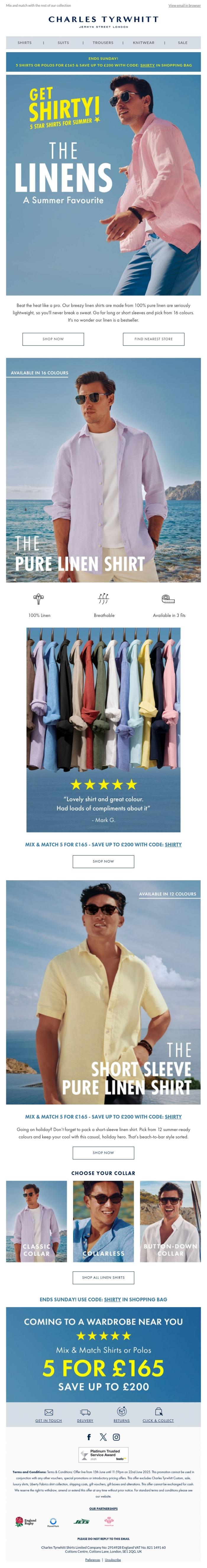 Email Design Inspiration from Charles Tyrwhitt, 5 Linen Shirts for &pound;165 - ends soon!