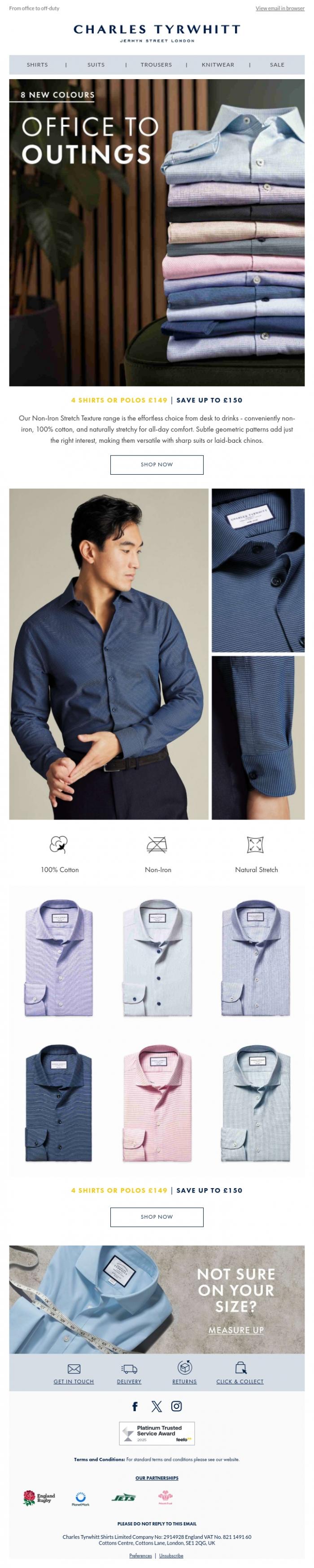 Email Design Inspiration from Charles Tyrwhitt, The Non-Iron Stretch Texture | 4 for &pound;149, save &pound;150