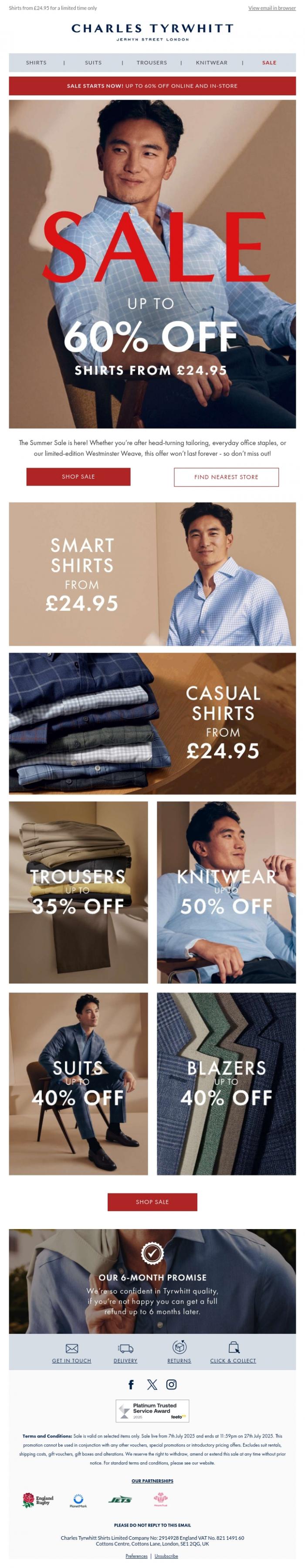 Email Design Inspiration from Charles Tyrwhitt, Up to 60% off starts NOW