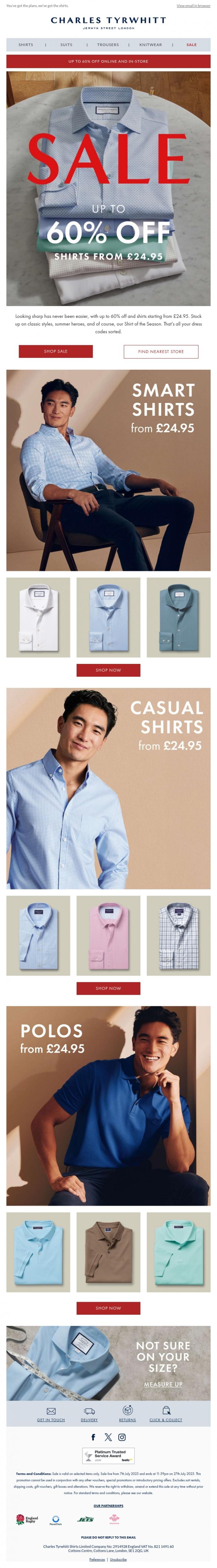 Email Design Inspiration from Charles Tyrwhitt, Save up to 60% on Shirts