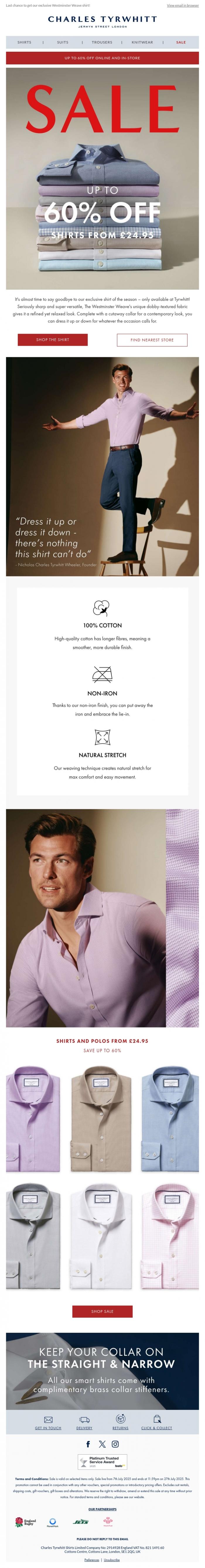 Email Design Inspiration from Charles Tyrwhitt, Up to 60% OFF the Shirt of the Season