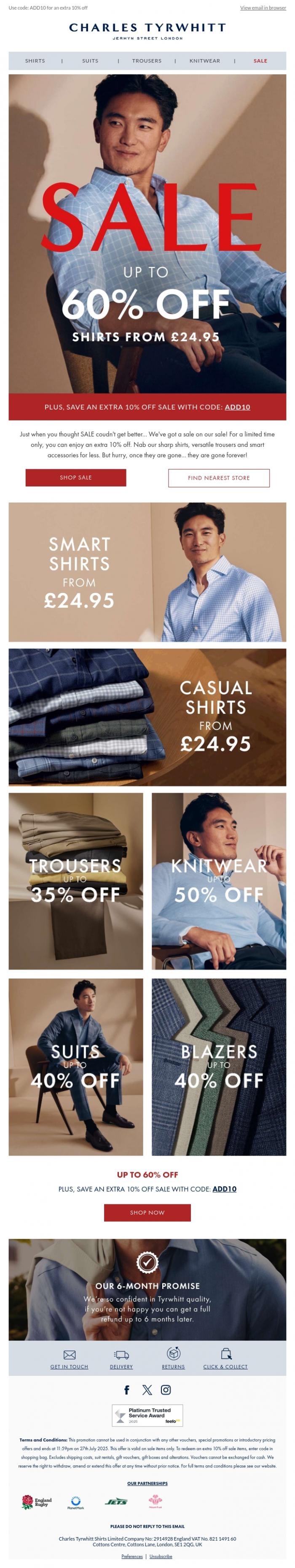 Email Design Inspiration from Charles Tyrwhitt, Limited Time Only! Extra 10% OFF SALE