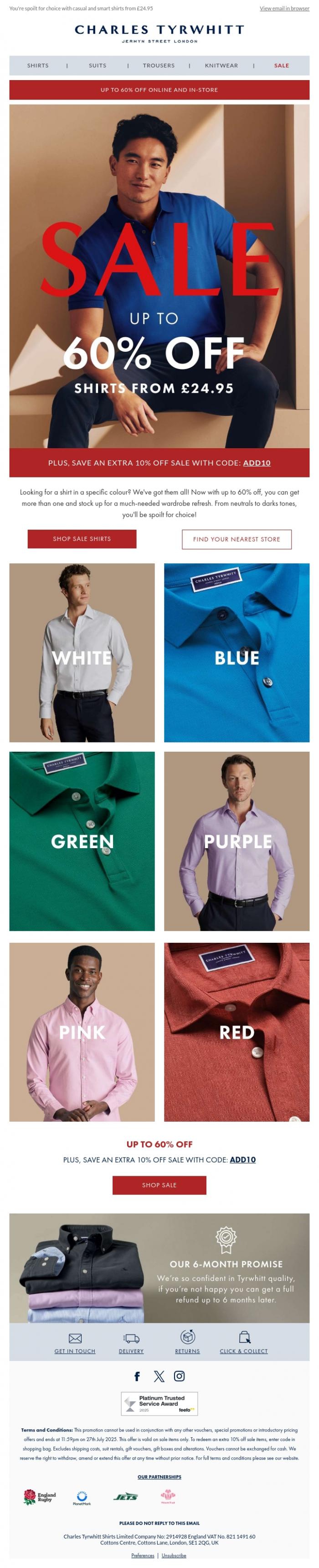 Email Design Inspiration from Charles Tyrwhitt, Shirts in Every Colour | Up to 60% OFF