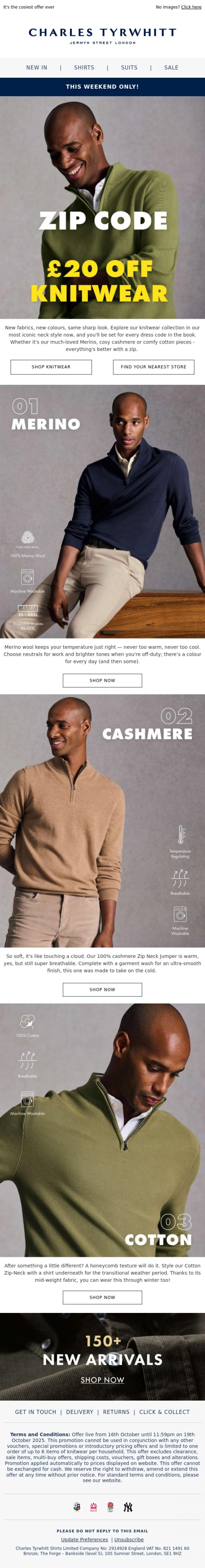 Email Design Inspiration from Charles Tyrwhitt, &pound;20 OFF knitwear starts now