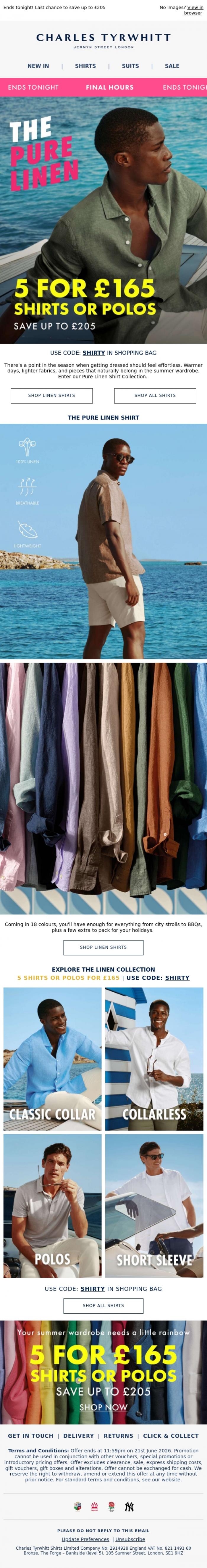 Email Design Inspiration from Charles Tyrwhitt, The 100% Linen Shirt | 5 for &pound;165