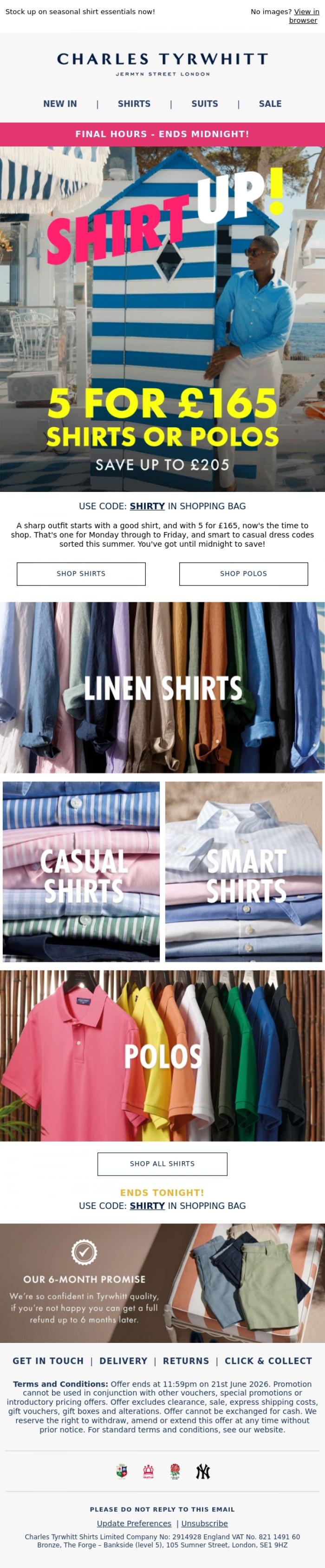 Email Design Inspiration from Charles Tyrwhitt, ENDS TONIGHT! 5 Shirts for &pound;165