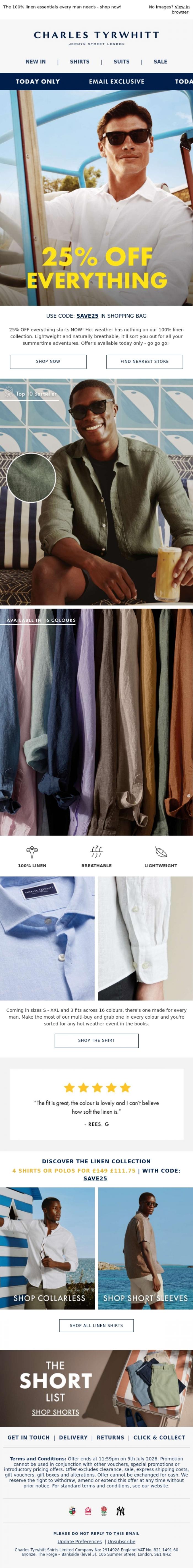 Email Design Inspiration from Charles Tyrwhitt, TODAY ONLY | 25% OFF Everything