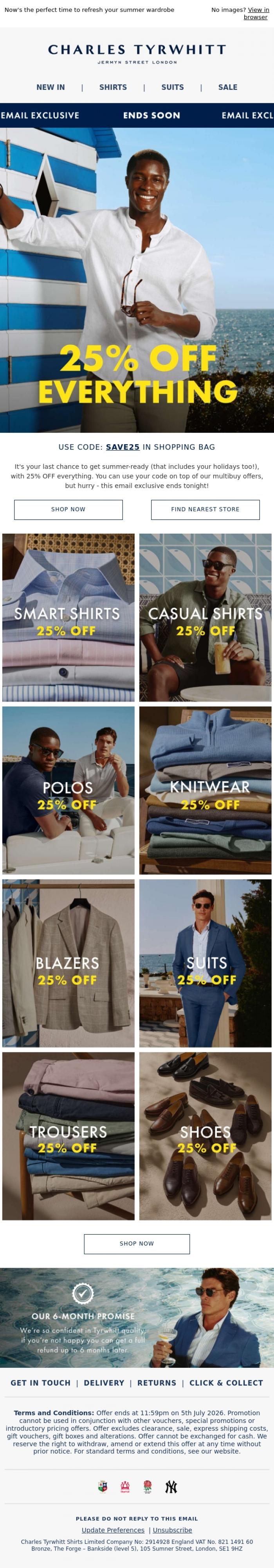 Email Design Inspiration from Charles Tyrwhitt, FINAL CALL | 25% OFF Ends in 6 Hours!
