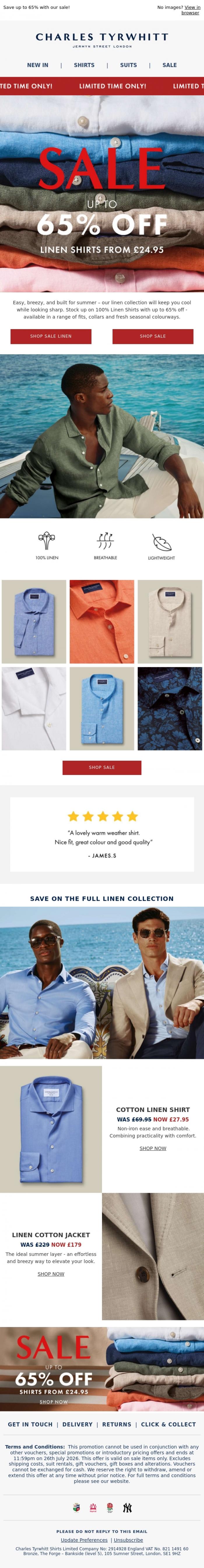 Email Design Inspiration from Charles Tyrwhitt, Linen Shirts From &pound;24.95