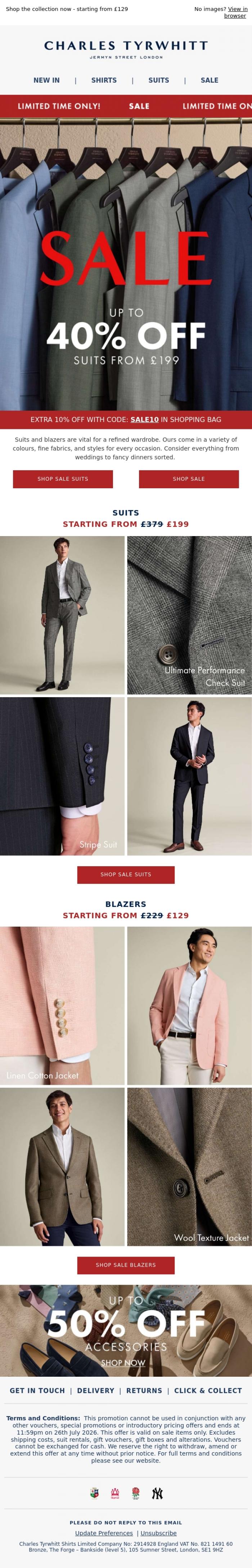 Email Design Inspiration from Charles Tyrwhitt, Up to 40% OFF Suits and Blazers!