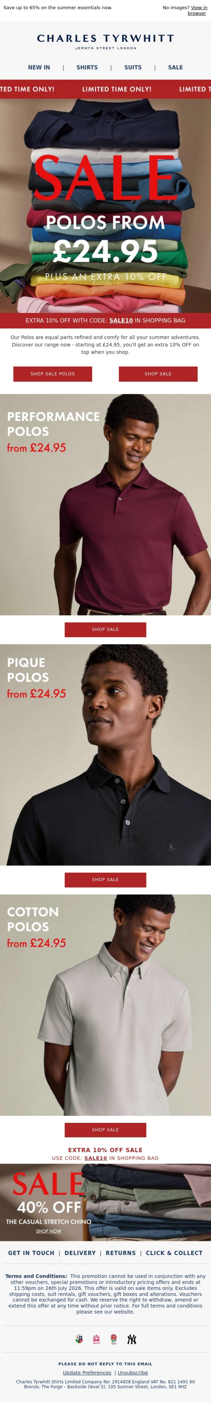 Email Design Inspiration from Charles Tyrwhitt, Polos from &pound;24.95, Plus An Extra 10% OFF!