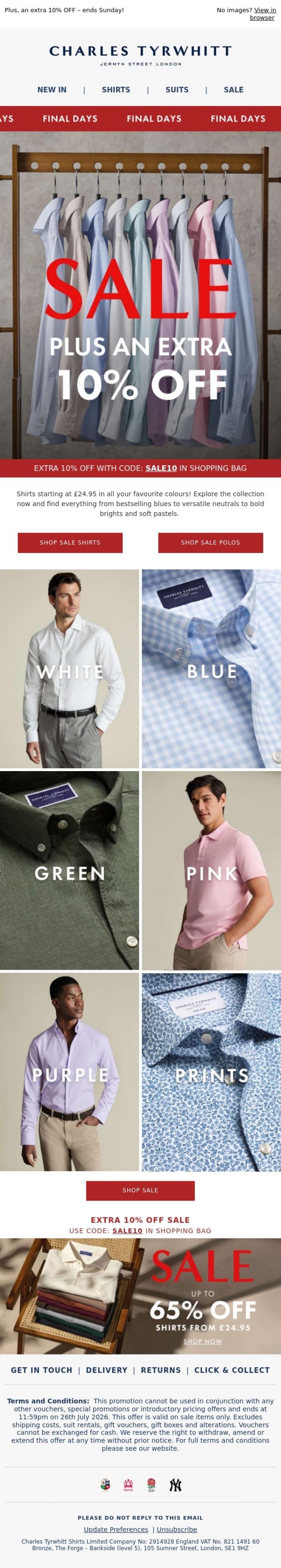 Email Design Inspiration from Charles Tyrwhitt, Shirts in Every Colour | Up to 65% OFF