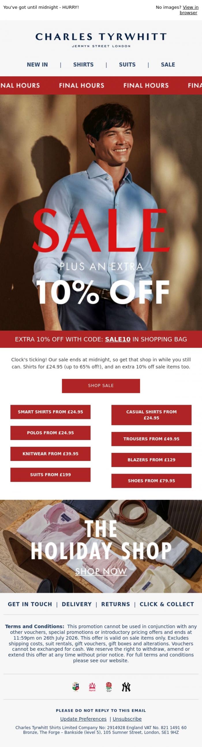 Email Design Inspiration from Charles Tyrwhitt, Final Call: Extra 10% OFF Our SALE!