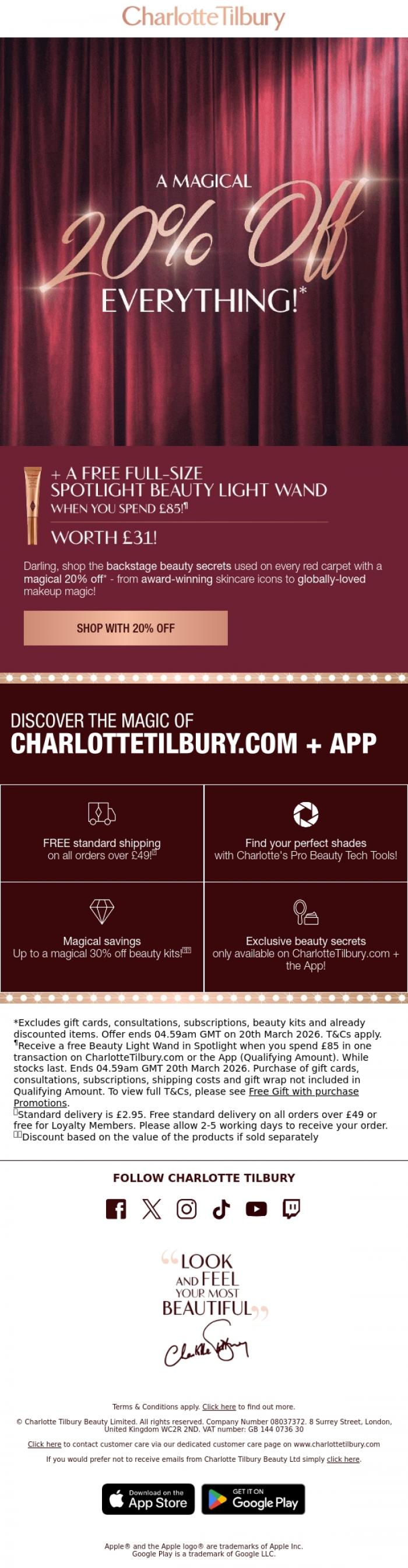 Email Design Inspiration from Charlotte Tilbury, 20% OFF Is HERE!!! 🎬❤️