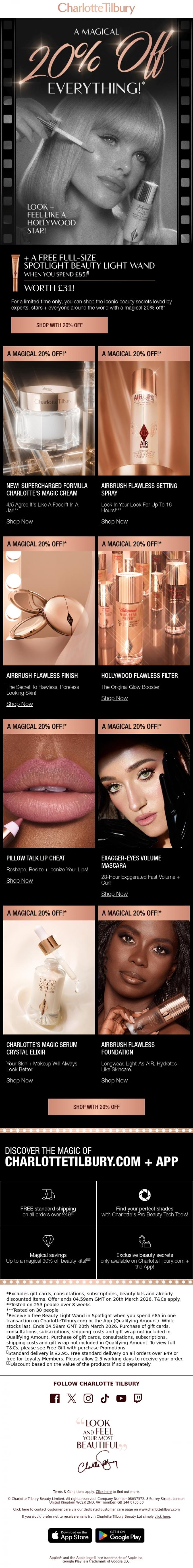Email Design Inspiration from Charlotte Tilbury, 20% Off World-Famous Beauty Icons! 💫