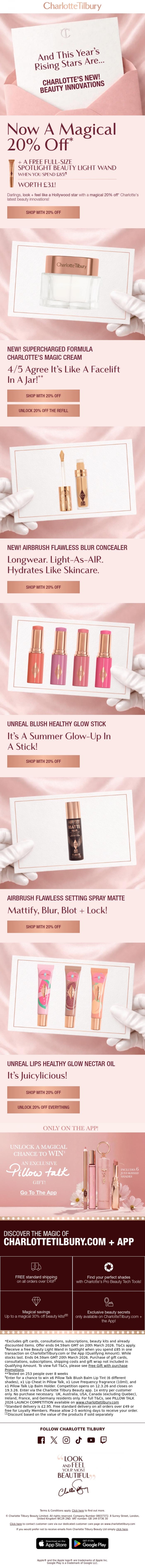 Email Design Inspiration from Charlotte Tilbury, 20% OFF This Year's Rising Stars... 🤩💫