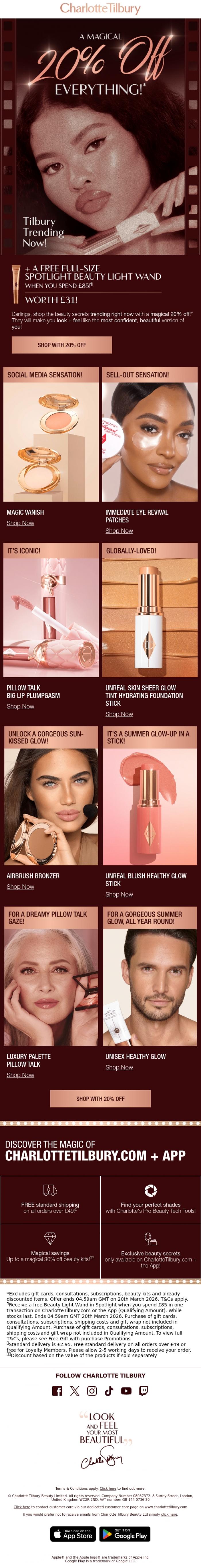 Email Design Inspiration from Charlotte Tilbury, 20% OFF Trending Beauty Secrets! ✨