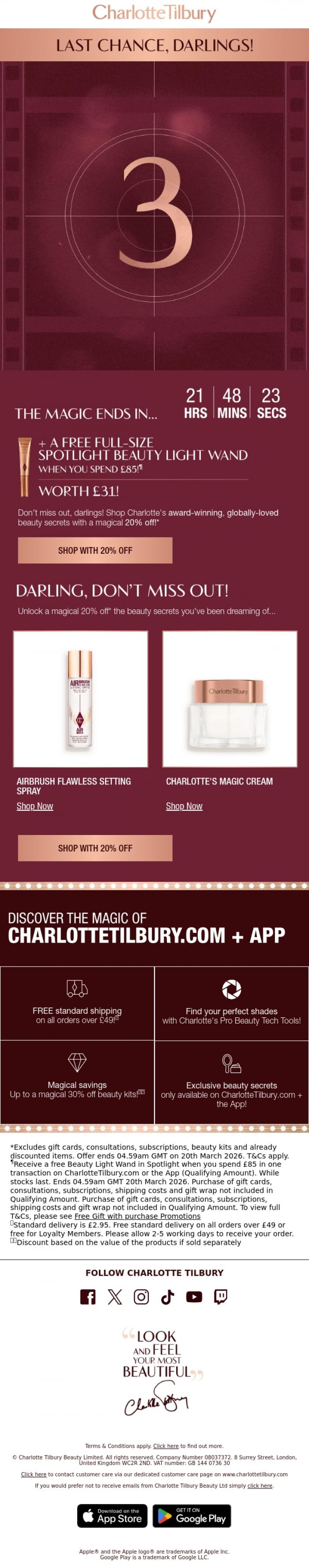 Email Design Inspiration from Charlotte Tilbury, Last Chance! 20% OFF EVERYTHING! 🎬✨