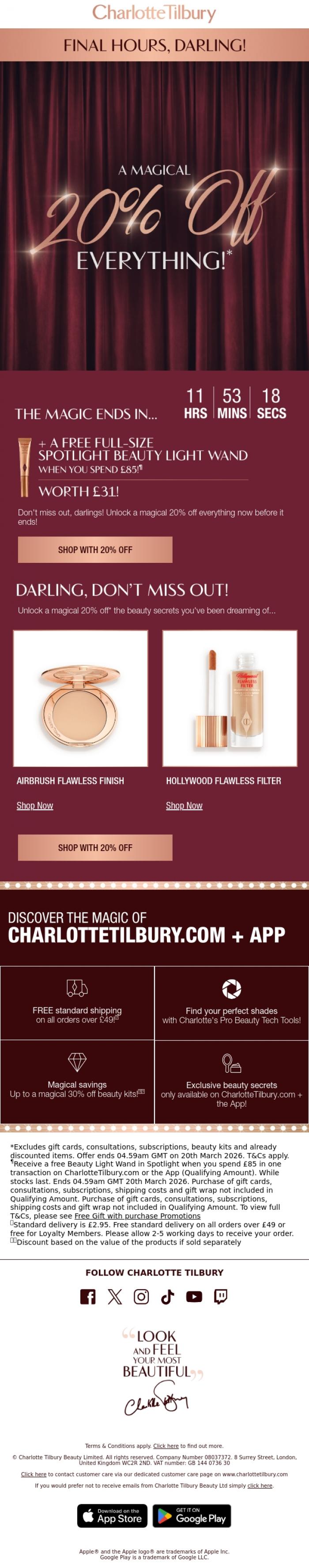 Email Design Inspiration from Charlotte Tilbury, ⏰ Final Hours, Darling! 20% OFF Everything!