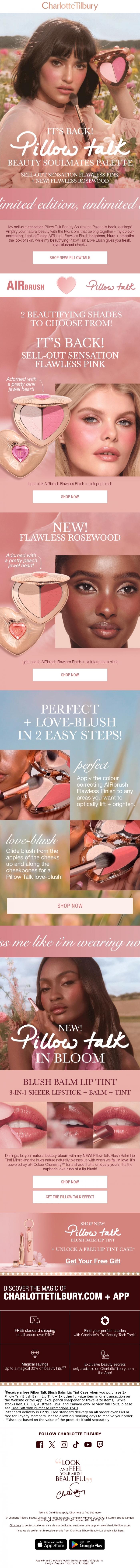 Email Design Inspiration from Charlotte Tilbury, It's BACK! Pillow Talk Beauty Soulmates Palette 💖