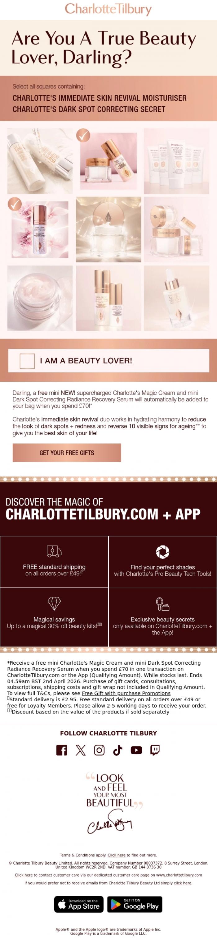 Email Design Inspiration from Charlotte Tilbury, FREE Gifts Worth The Click! 🫢