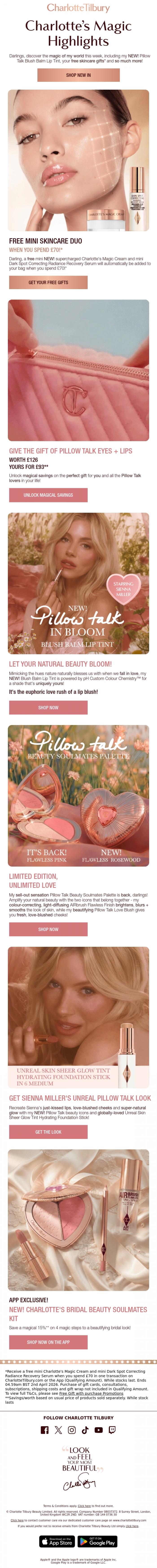 Email Design Inspiration from Charlotte Tilbury, NEW! Pillow Talk, FREE! Skincare Minis + Magical Savings! 👀💌