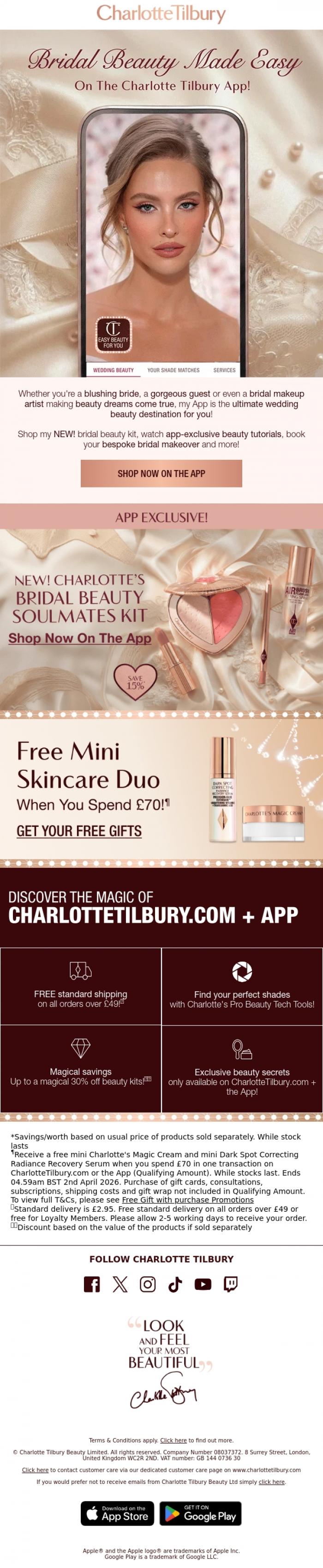 Email Design Inspiration from Charlotte Tilbury, App Exclusive: The Ultimate Bridal Beauty Hub! 📲👰🏼&zwj;♀️💖