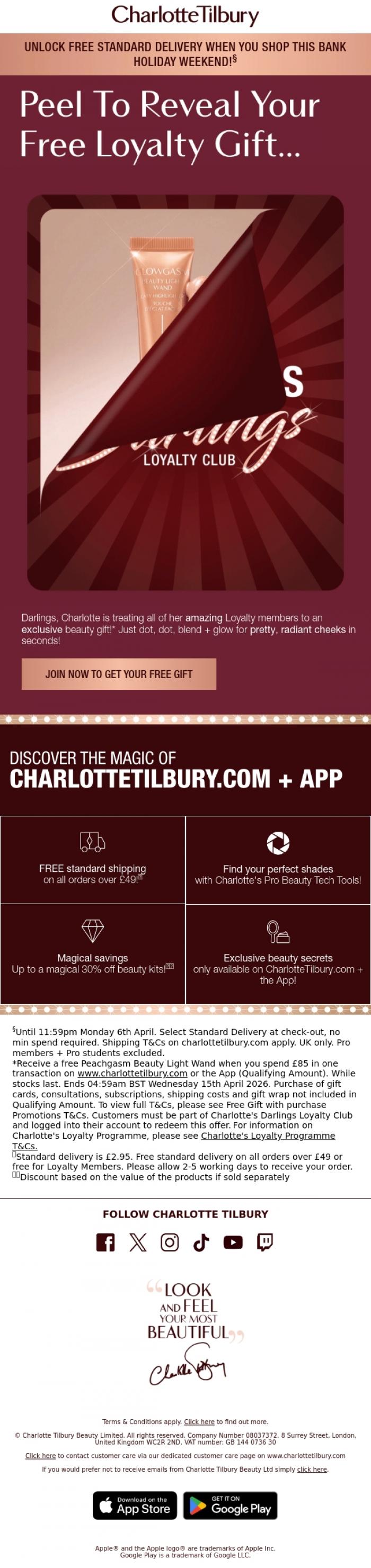 Email Design Inspiration from Charlotte Tilbury,  FREE Full-Size Gift For Loyalty Members! 👀 