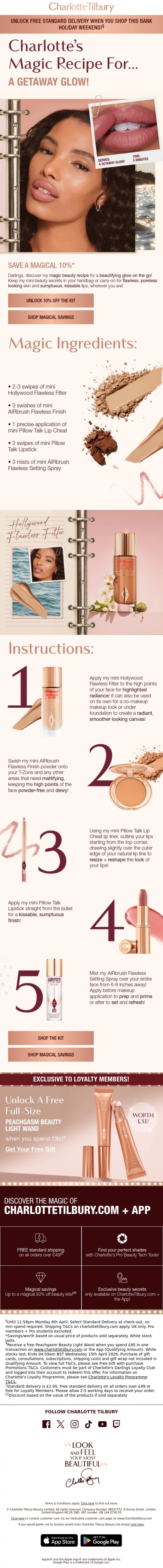 Email Design Inspiration from Charlotte Tilbury, A Magical 10% Off Your Getaway Glow! ✨