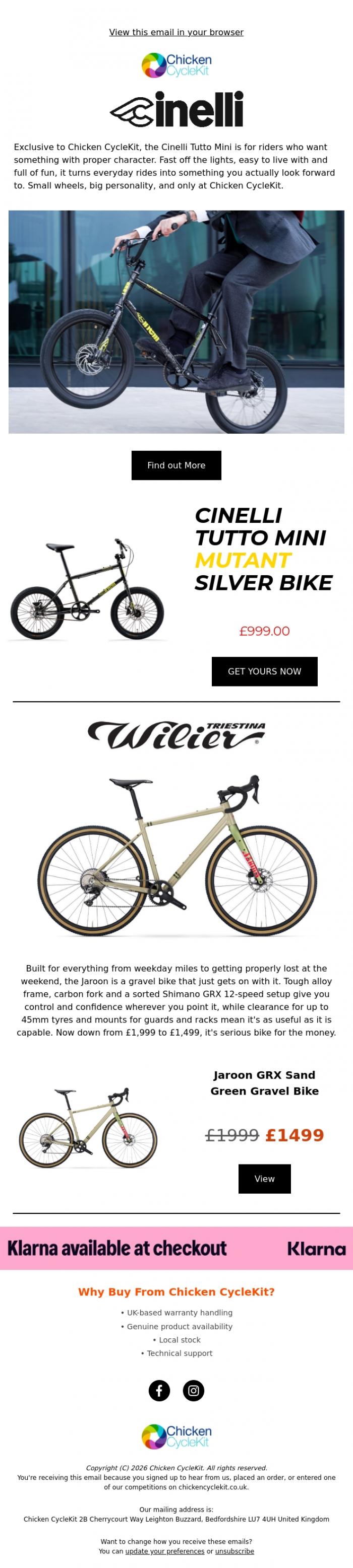 Email Design Inspiration from Chicken CycleKit, Exclusive from Cinelli, AND Get &pound;500 off your Next Willier Gravel Bike