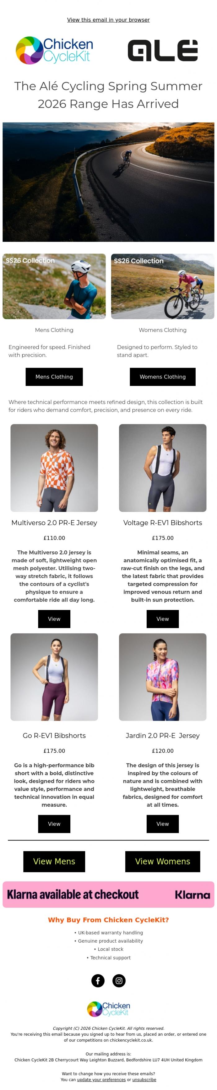 Email Design Inspiration from Chicken CycleKit, Al&eacute; Cycling Spring summer kit has landed☀️