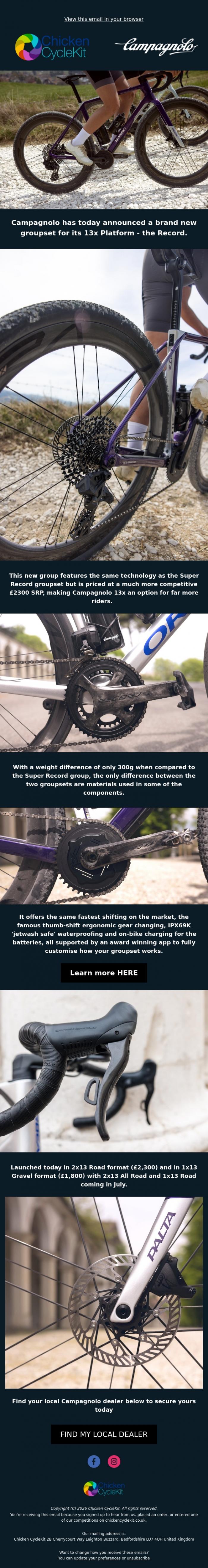 Email Design Inspiration from Chicken CycleKit, Introducing Campagnolo Record 13